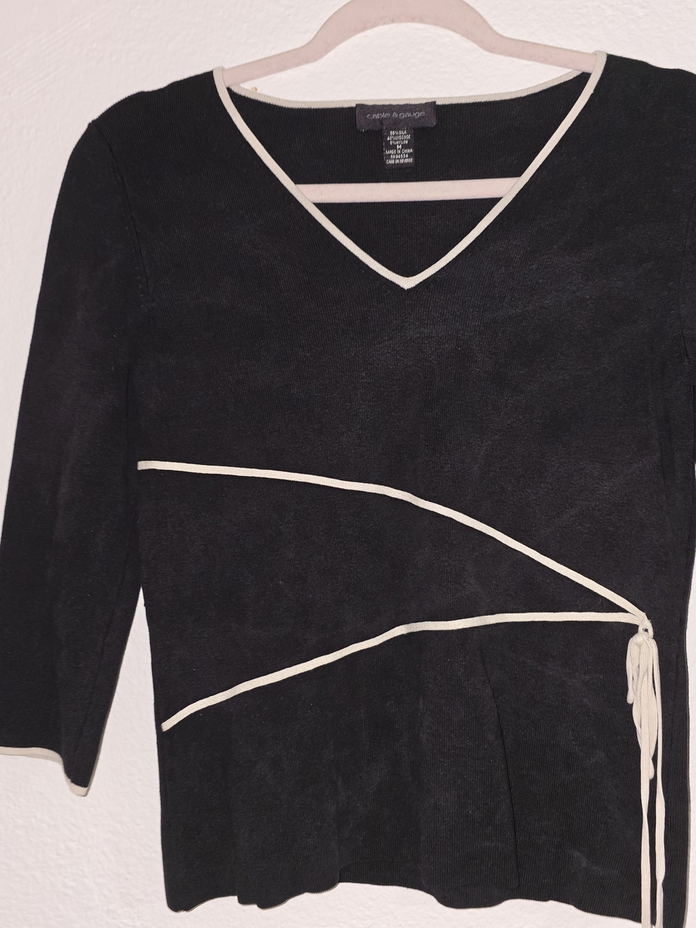 Cable & Gauge Black Long Sleeve V-Neck Dress with Cream Trim